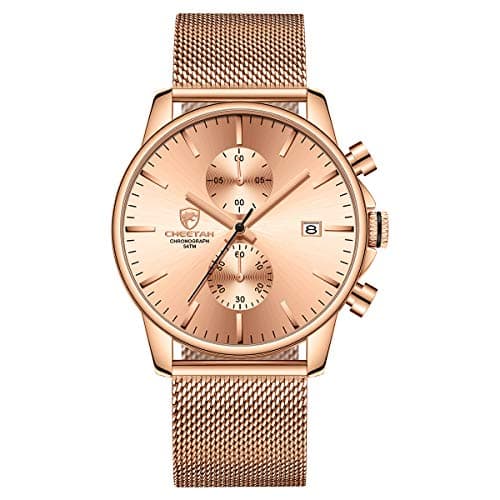 Image of GOLDEN HOUR Men’s Watch Fashion Sleek Minimalist Quartz Analog Mesh Stainless Steel Waterproof Chronograph Watches, Auto Date in Black Hands, Color: Rose Gold