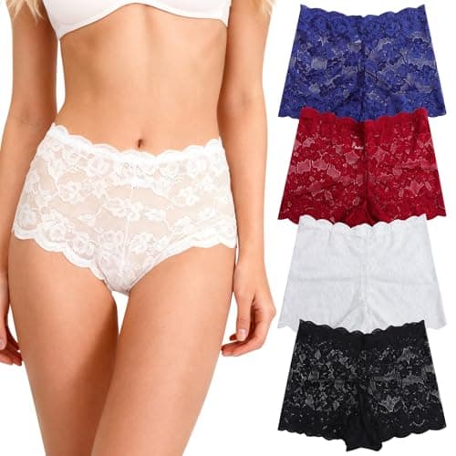 Image of InfiniZer 4 Pack Women Lace Underwear Knickers Multipack Stretch Breathable Hipster Panties Boxers Shorts