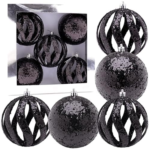 Image of Christmas Concepts® Elegance Collection - Pack of 5-100mm (4") Black Luxury Glitter Baubles - Christmas Tree Hanging Decorations