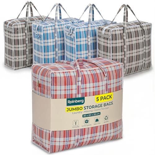 Image of Rainberg 5 PACK JUMBO Storage Bags, 80 x 60cm Strong and Durable Holds up to 35kg, Reusable Laundry Bags with Double Zips, Ideal for Laundry, Moving House, Clothing & Wardrobe Storage