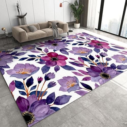 Image of Nordic Retro Exquisite Purple Rose Area Rug, White Purple Flowers Print Rug, Indoor Non-Slip Kids Rugs, Machine Washable Breathable Durable Carpet for Room Sofa Living Room Bedroom Decor,100 x 150 cm