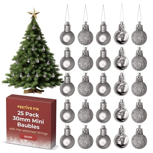 Image of Festive Fix 25 Silver Mini Christmas Baubles – Shatterproof, Lightweight Small Tree Decorations for Xmas, Home, Party & Festive Displays