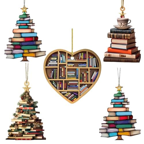 Image of 5 Pack Christmas Tree Ornaments, Christmas Ornaments For Book Lovers, Animals Stacked Ornament Hanging Gift Decorations for Christmas Tree (Book)