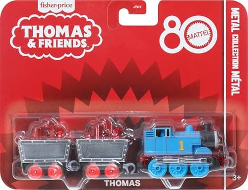 Image of Thomas & Friends by Fisher-Price Collectible Toy Train, Small Die-Cast Mattel 80th Engine with Premium Deco & 2 Stock Cars with Red Crystal Cargo