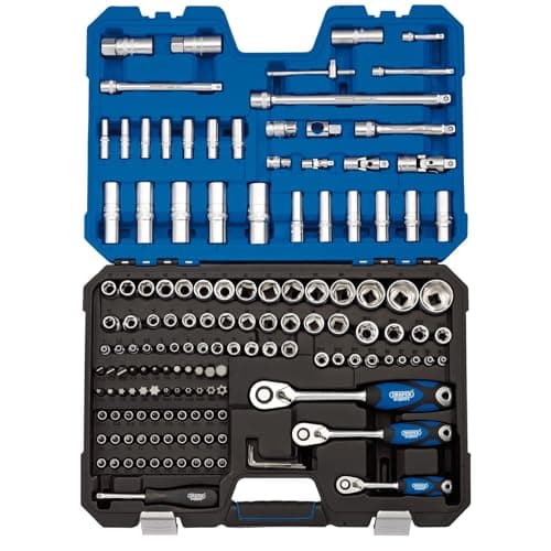 Image of Draper 149 Piece Metric Socket And Socket Bit Set - 1/4", 3/8" And 1/2" Sq. Dr. - 16461 - Chrome Vanadium Steel - Blue - Satin Finish