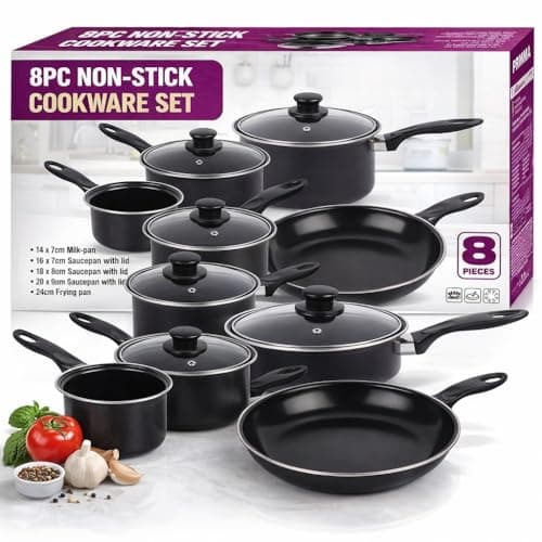 Image of 8 Piece Non Stick Cookware Set – Carbon Steel Pots & Pans Set with Lids – Saucepan Set, Frying Pan, Milk Pan – Induction, Gas & Electric Hob Compatible – Black Kitchen Cooking Set