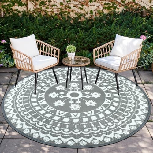 Image of Capslpad Round Outdoor Patio Rugs ø180cm Waterproof Mat Reversible Plastic Straw Rug Boho Round Indoor Outdoor Area Rug for Garden RV Camping Balcony Backyard Balcony Deck Tent Picnic,w/Carry Bag