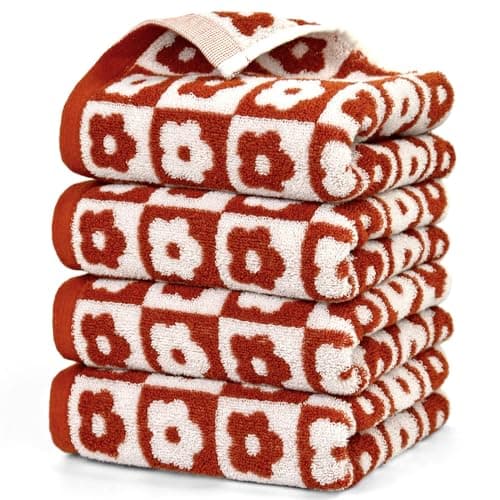 Image of Jacquotha Checkered Floral Hand Towel Set - 4 Pack (29” x 13”) Towels for Bathroom Spa Kitchen, Christmas Hand Towels Gifts, Bright and Durable, Rust Red