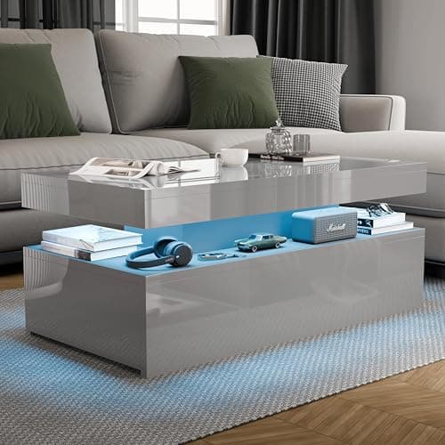 Image of Blisswood High Gloss Coffee Table for Living Room, Rectangle Centre Table with 2 Drawer Storage, Modern Wooden Tea Table with LED RGB Lights for Home, Office & Living Room Furniture - Grey