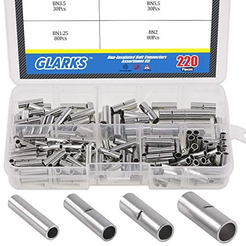 Image of Glarks 220Pcs Non-Insulated Butt Connectors Assortment Kit, 22-16/16-14/14-12/12-10 AWG Gauge Seamless Uninsulated Electrical Wire Ferrule Cable Crimp Terminal Kit for Electrical Splice DIY