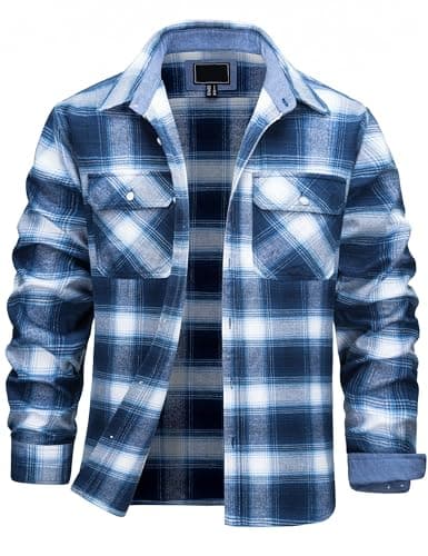 Image of TACVASEN Mens Shirts Long Sleeve Cotton Casual Shirt Regular Fit Flannel Shirts Checked Button Down Shirts with Pockets Blue White,L