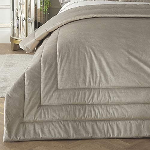 Image of Laurence Llewelyn-Bowen - Oyster Linen Velvet Bedspread - L220cm x W150cm - Box Frame Stitch - Luxury Quilted Bedspread in Silver Oyster - Super Soft Velvet Throw Blanket for Bed - Velvet Quilt