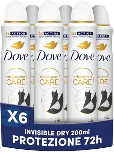 Image of Dove Deodorant Spray Advanced Care Invisible Dry, with moisturizing and delicate formula on the skin, anti-stain formula, dry skin up to 72 hours, deodorant for men and women, 6 pieces of 200 ml