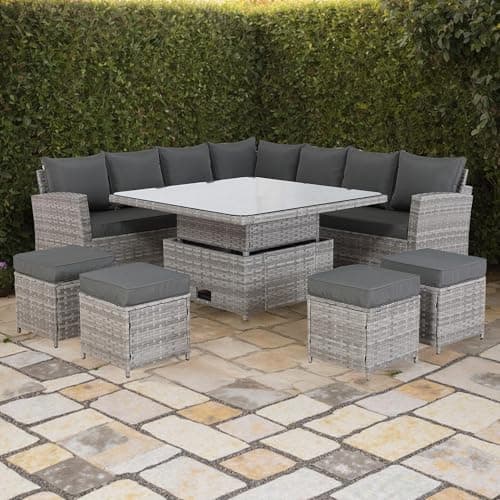 Image of Spring Garden 11-Seater Rattan Garden Furniture Set with Rising Dining Table & Waterproof Cover - Large Symmetrical Corner Sofa, 4 Footstools & 10cm Thick Cushions - Grey Wicker Patio Dining Set