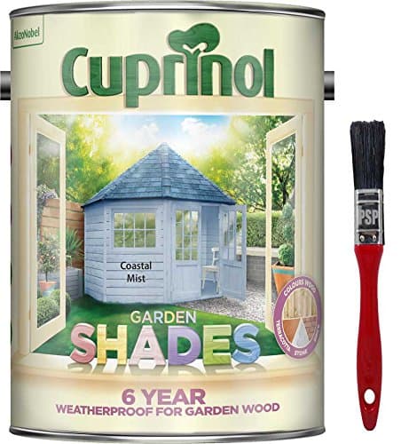 Image of New 2018 Improved Formula Cuprinol Garden Shades Coastal Mist 5L. Now Offers 6 Year Garden Wood Weather Protection. Includes PSP Touch up Wood Care Brush.