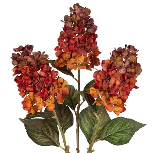 Image of Briful 3PCS Autumn Artificial Flowers Fake Hydrangea Silk Flowers 27.5" Tall Artificial Hydrangea, Orange Artificial Flower Silk Hydrangea Long Stem for Floral Arrangement Autumn Decorations