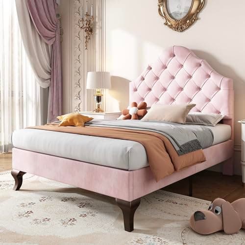 Image of BTM Single Bed 90 * 190, Upholstered Bed with Slatted Frame and Headboard, Single Bed Frames with Height-adjustable Headboard, Velvet, Pink
