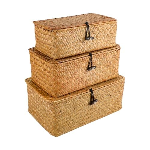 Image of YKUKIZEE Set of 3 Rattan Woven Storage Basket with Lids Handmade, Large Wicker Storage Baskets with Lids, Rectangular Seagrass Storage Baskets with Lids for Home Bathroom Toilet Clothe(S+M+L)