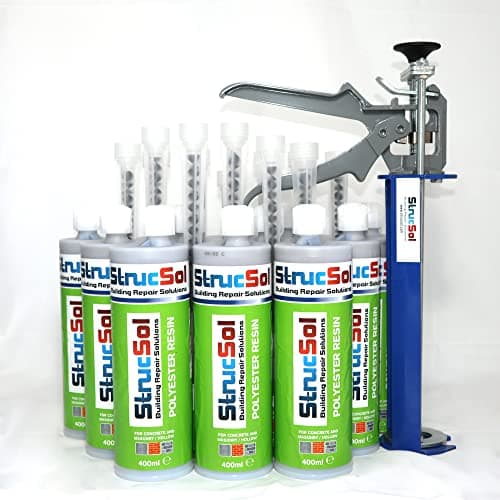 Image of Strucsol Polyester Resin Kit for Crack Stitch Masonry Repair Anchor Fixing Bolt Fixing (x12 Resin with nozzles and Resin Gun)