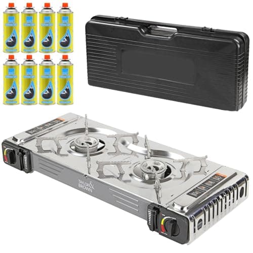 Image of Taylor & Brown Portable Dual Burner Camping Stove Stainless Steel with 8 Butane Gas & Carry Case | EN417 Compliant Premium Gas Double Stove | with Automatic Ignition & Heat Control