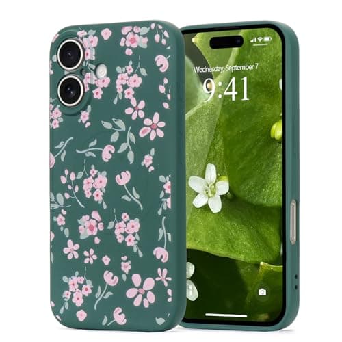 Image of Wirvyuer for iPhone 16 Plus case, Compatible with Magsafe, Cute Floral Leaves Magnetic Phone Case, Pink Flower Shockproof Silicone Slim Bumper Protective Cover for Women Girls, Green