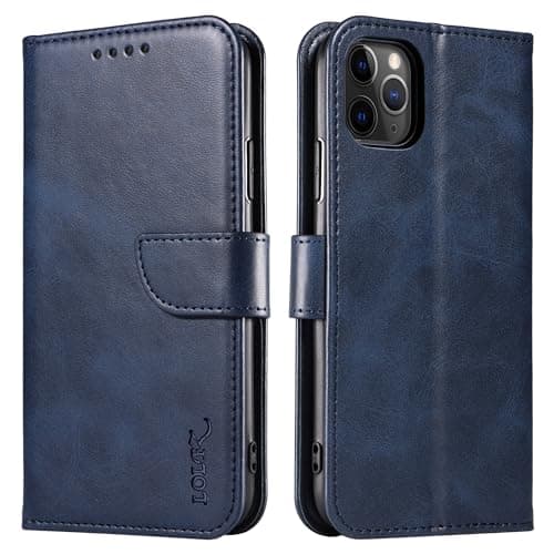 Image of LOLFZ Wallet Case for iPhone 11 Pro, Vintage Leather Book Case with Card Holder Kickstand Magnetic Closure Flip Case Cover for iPhone 11 Pro - Blue