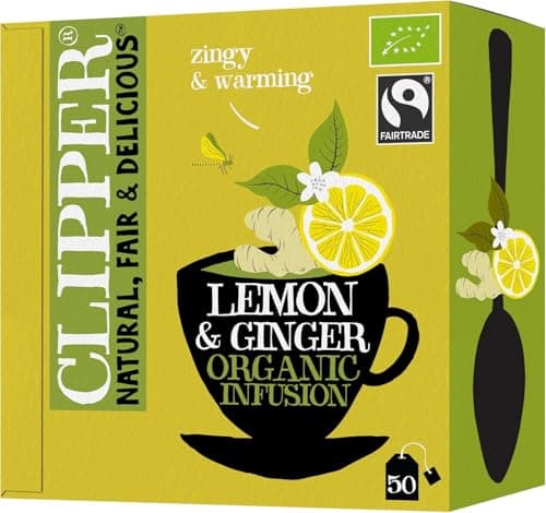 Image of Clipper Organic Lemon and Ginger Tea Bags | Box of 50 Teabags | Organic Tea for Home & Office | Eco-Conscious, Fair Trade Tea | Natural, Unbleached, Plant-Based, Compostable & Biodegradable Tea Bag