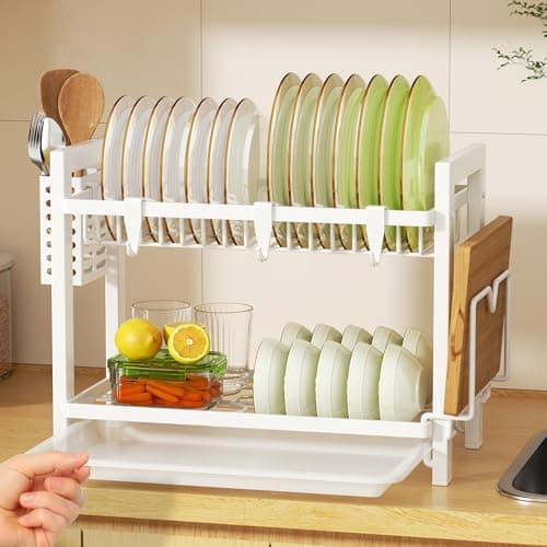 Image of niffgaff 2 Tier White Dish Drainer Rack with Drip Tray (52 * 24.5 * 34.5), Dish Drying Rack Kitchen with Utensil Cutting & Board Holder for Kitchen Counter