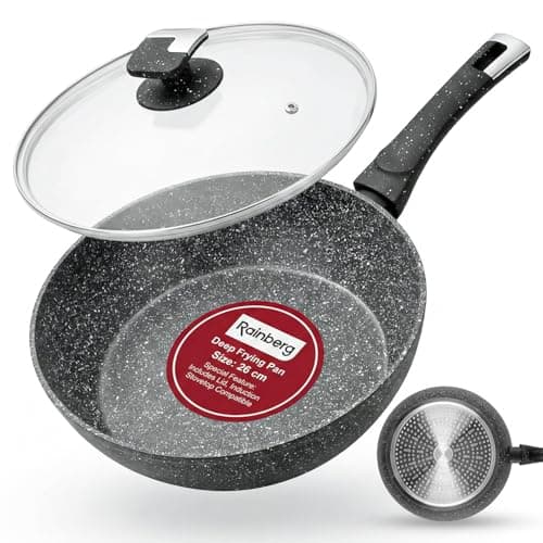 Image of Rainberg 26cm Deep Frying Pan with Lid, Granite Frying Pan Nonstick, Cooking Pan with Lid, Induction Compatible, Scratch Resistant Coating (Black, 26cm)