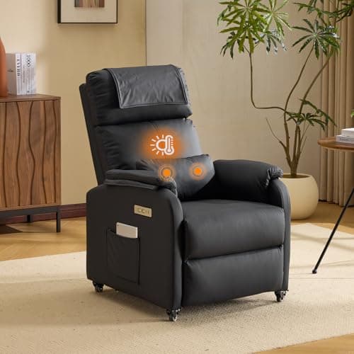 Image of Bonnlo Recliner Armchair with Wheels Electric Reclining Chair with Massage & Heat, Hight Back Chair with Adjustable Footrest, Side Pockets for Living Room, Bedroom, Remote Control, Leather, Black