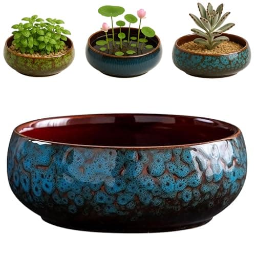 Image of Oncpcare Lotus Bowl Planter – Glazed Ceramic Water Plant Pot for Indoor Outdoor Use, Shallow Hydroponic Vase for Lotus Seeds, Succulents, Bonsai, Water Lily Arrangement (Blue)