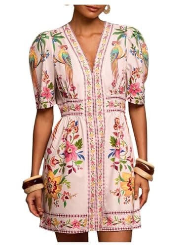 Image of GORGLITTER Women's Boho Shirt Dress Floral A Line Dress V Neck Casual Skater Summer Holiday Going Out Short Sleeve Dresses Pink Floral L