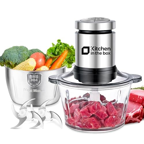 Image of Kitchen in the box 2L+2L Electric Food Processors & Chopper with 304 Stainless Steel Container and Glass Container, 2 Speed Settings, 4 Stainless Steel Blades for Chopping Meat, Baby Food, Vegetable