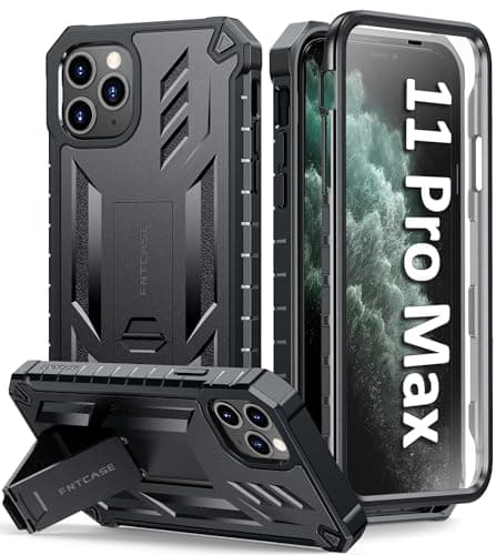 Image of FNTCASE for iPhone 11 Pro-Max Case: Rugged Shockproof Protective Cases with Kickstand - Heavy Duty Dual Layer Military Grade Drop Proof Protection Cell Phone Cover (Black)