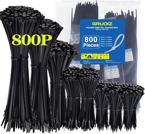 Image of 800 Pack Cable Ties Assorted Sizes 3.6mm x 100/150/200/250/300mm Black Cable Ties Heavy Duty Tie Wraps Assorted Plastic Zip Ties 40lbs Wire Ties Black Small Nylon 66 Plastic Ties for Home, Gardening