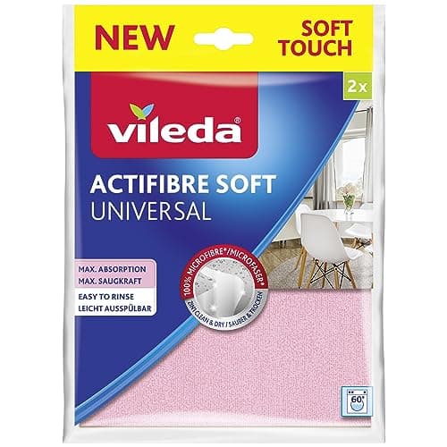 Image of Vileda Actifibre Soft Universal Microfibre Cloth, 100% Microfibre Cleaning Cloth for Streak Free Results, High Absorbency, for All Smooth Surfaces, Pink and Grey, Pack of 2
