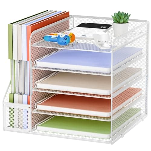 Image of Marbrasse Desk Organiser and Office Accessories,5-Tier Paper Letter Tray Organizer with File Holder, Mesh Desktop Organizer for Desk, Office Supplies & Desk Tidy Organiser(White)