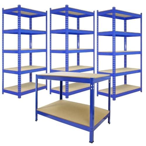 Image of 3 x 90cm Q-Rax Blue Metal Racking Units & Workbench - 5 Tier Warehouse Shelving Unit