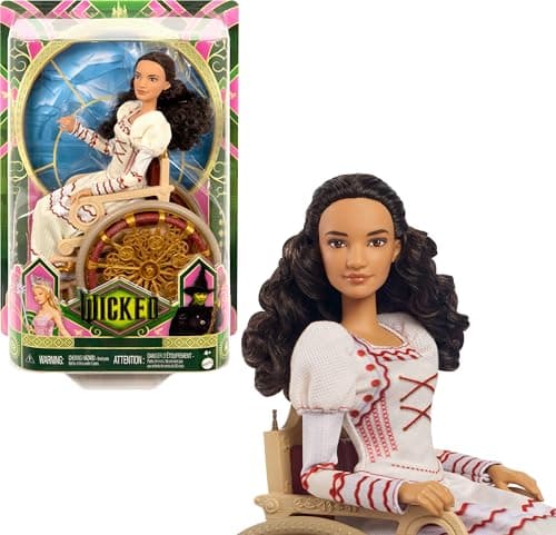 Image of Mattel Universal Wicked Nessarose fashion doll and accessories, including wheelchair, with brown curly hair, possible and removable ballroom look