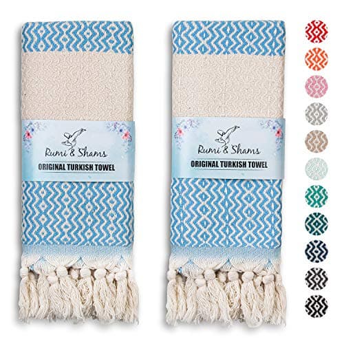 Image of Turkish Hand Towels for Bathroom | 2 pcs Decorative Bathroom Towels | 100% Cotton Farmhouse Kitchen Towels | 16x35 Boho Hand Towels | Oeko-Tex Certified Blue Hand Towels | by Rumi&Shams