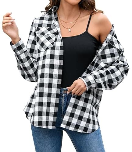 Image of Stamain Women's Black Checked Shirt Long Sleeve Casual Ladies Plaid Top Button Down Fitted Check Shirt for Women UK Stretch Blouse Top Roll Up with Pockets L
