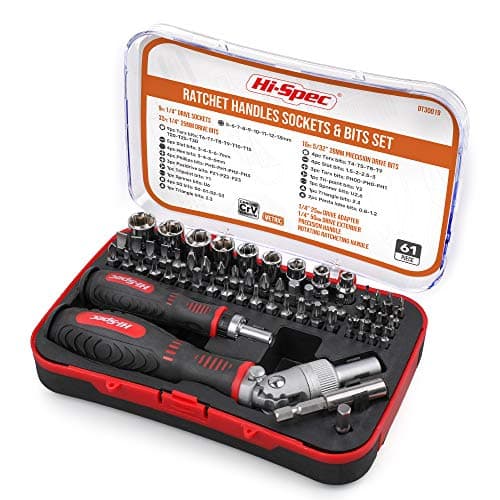 Image of Hi-Spec 61pc 1/4" Hex Driver Bits & Socket Set with Right Angle Ratchet Handle, Torx & Small Precision Multi Bits Screwdriver Bit Set in a Storage Case