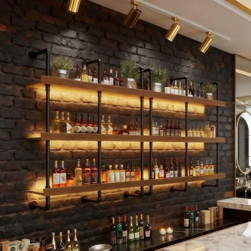 Image of FKKPRVAX 3-Tier Large Wall-Mounted Wine Rack with LED Light, Industrial Style Floating Solid Wood Bottle Rack, Liquor Bottles Shelves Display Storage Organizer for Bars and Restaurants, Home (200CM)