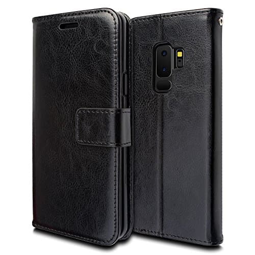 Image of TECHGEAR Galaxy S9 Plus Case - Leather Wallet Flip Protective Case Cover with Card Slots, Kickstand and Wrist Strap - Black PU Leather Compatible with Samsung Galaxy S9 Plus
