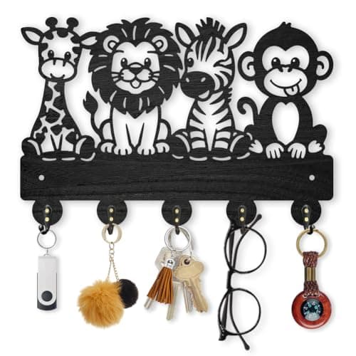 Image of MAYJOYDIY Giraffe Lion Wooden Key Holder Monkey Zebra Key Hanger for Wall 30×20 cm Zoo Animal Wall Mount Coat Rack with 5 Alloy Hooks for Entryway Kitchen Office Bedroom Gift