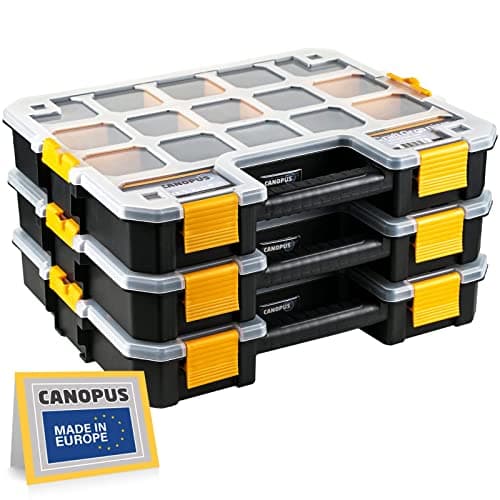 Image of CANOPUS Heavy Duty Storage Organiser Set of 3 Stackable Interlocking Cases with Adjustable Compartments for Screws, Nails, Small Parts, 37.3L x 31.2W x 6.4H cm
