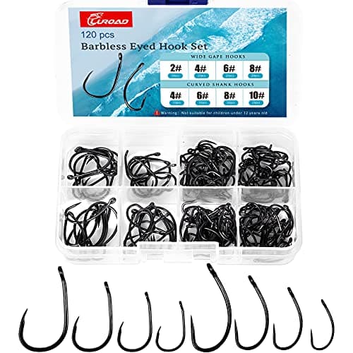 Image of Luroad 120pcs Carp Barbless Fishing Hooks, Wide Gape and Curved Shank Eyed Hooks Size 2, 4, 6, 8, 10 for Freshwater Saltwater, Comes in a Tough Tackle Storage Box