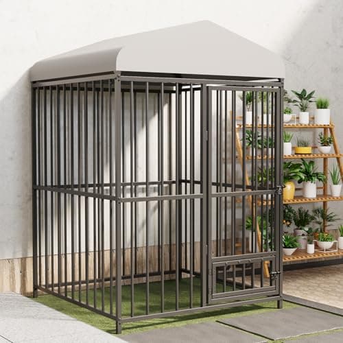 Image of Large 4x4x6FT Heavy Duty Metal Dog Kennel, Outdoor Galvanized Steel Animal Cage with Roof Cover, Lock & Feeding Bowl, Weatherproof Pet Enclosure for Garden, Yard, All Breeds