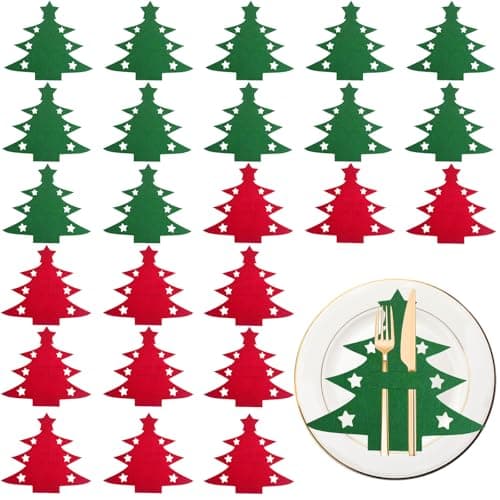 Image of OTKARXUS Christmas Cutlery Holders,24Pcs Xmas-Tree Shaped Christmas Silverware Holder,Felt Red & Green Christmas Knife and Fork Holder for Christmas Party Dinner Table Decorations