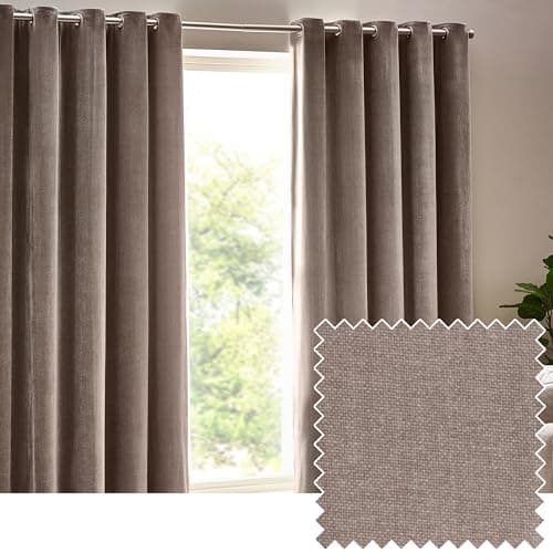 Image of Yard Heavy Chenille Eyelet Curtain Pair – Lined Room Darkening, Soft Velvet Home Décor (Greige - Width 168 x Drop 183cm)